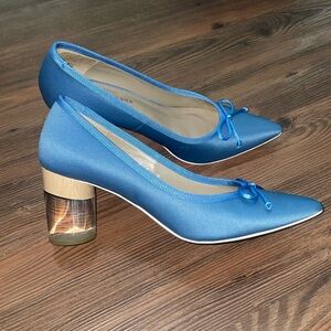 DONALD PLINER Asia Spain blue satin heels with clear heel & pointy toe!NEW&RARE